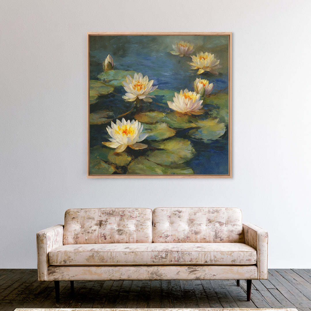 Water Lilies Floating on a Sunlit Pond Canvas Print, Impressionist Art, Oil Painting, Living Room Decor, Impression, IMP-1x1-97