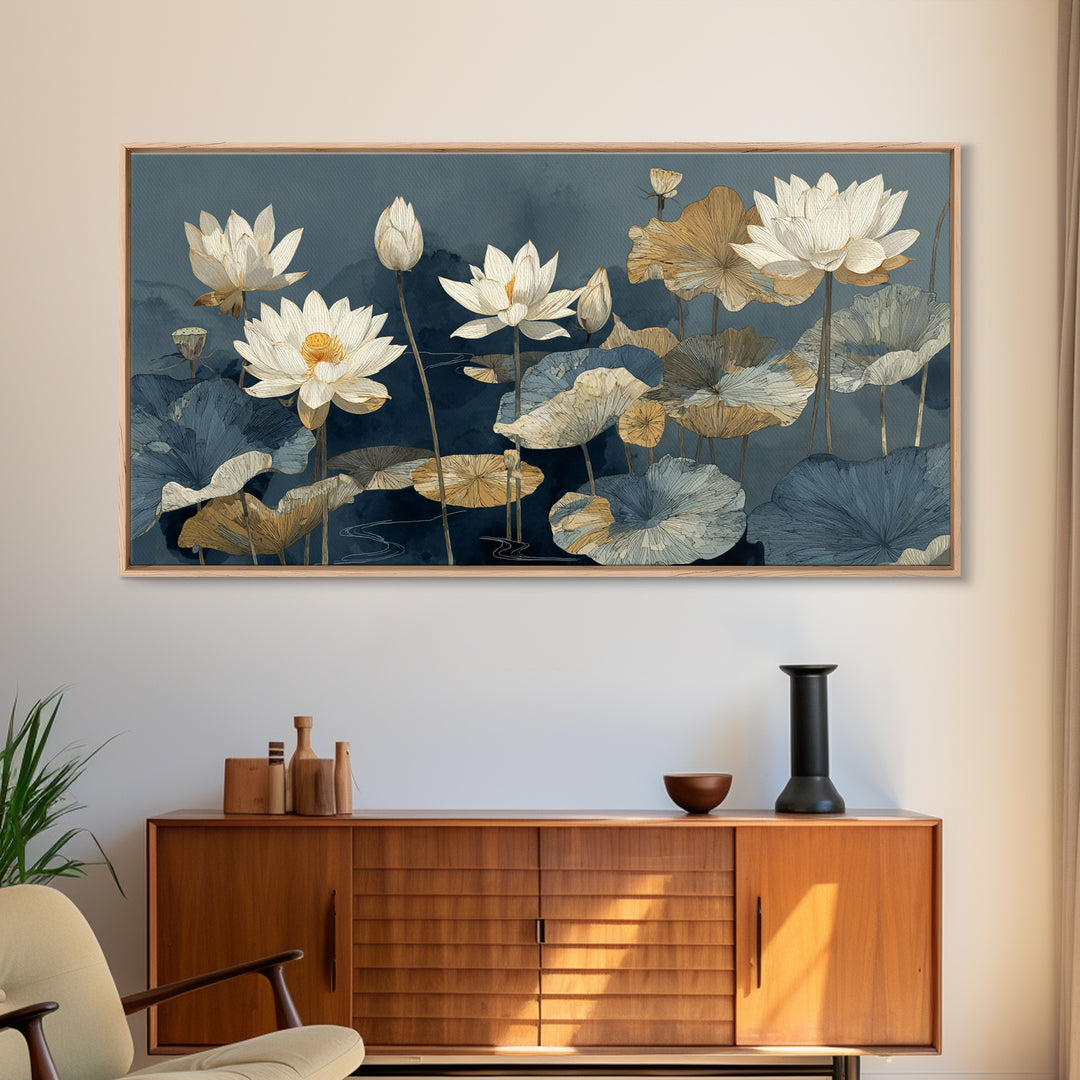 Water Lilies Floating on a Sunlit Pond Canvas Print, Impressionist Art, Oil Painting, Living Room Decor, Impression, IMP-2x1-21