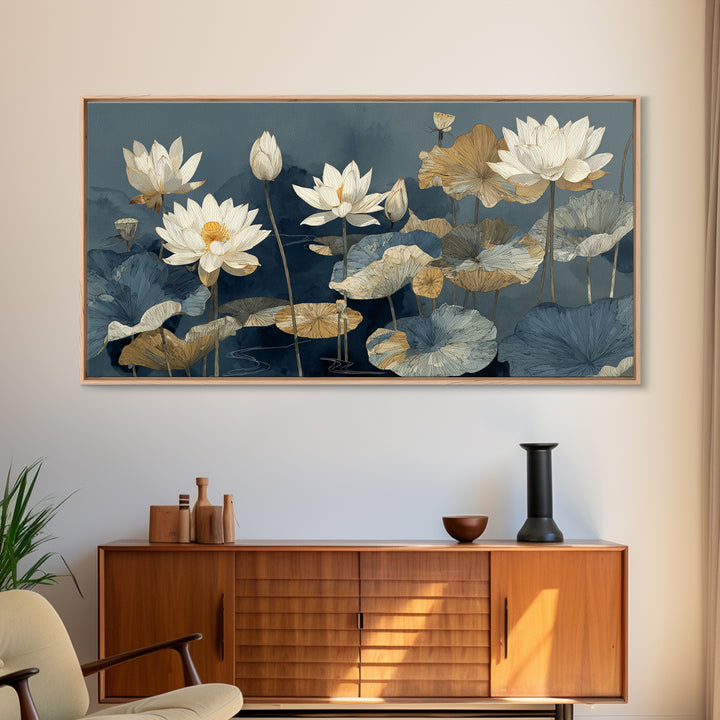 Water Lilies Floating on a Sunlit Pond Canvas Print, Impressionist Art, Oil Painting, Living Room Decor, Impression, IMP-2x1-21