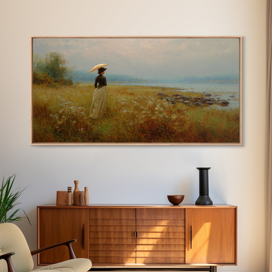 Woman with Parasol in Breezy Meadow Framed Canvas Print, Impressionist Art, Original Art, Living Room Decor, Impression, IMP-2x1-23