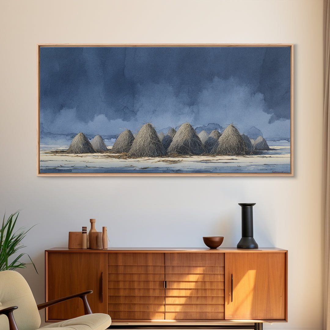 Haystacks Glowing at Golden Hour Framed Canvas Print, Impressionist Art, Minimalist Decor, Living Room Decor, Impression, IMP-2x1-24