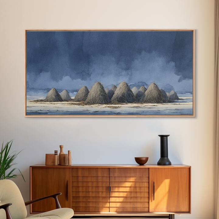 Haystacks Glowing at Golden Hour Framed Canvas Print, Impressionist Art, Minimalist Decor, Living Room Decor, Impression, IMP-2x1-24