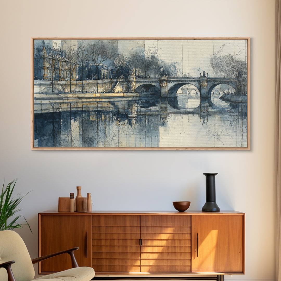 Paris Bridge Reflected Framed Canvas Print, Impressionist Art, Boho Decor, Living Room Decor, Oil Painting, Impression, IMP-2x1-27
