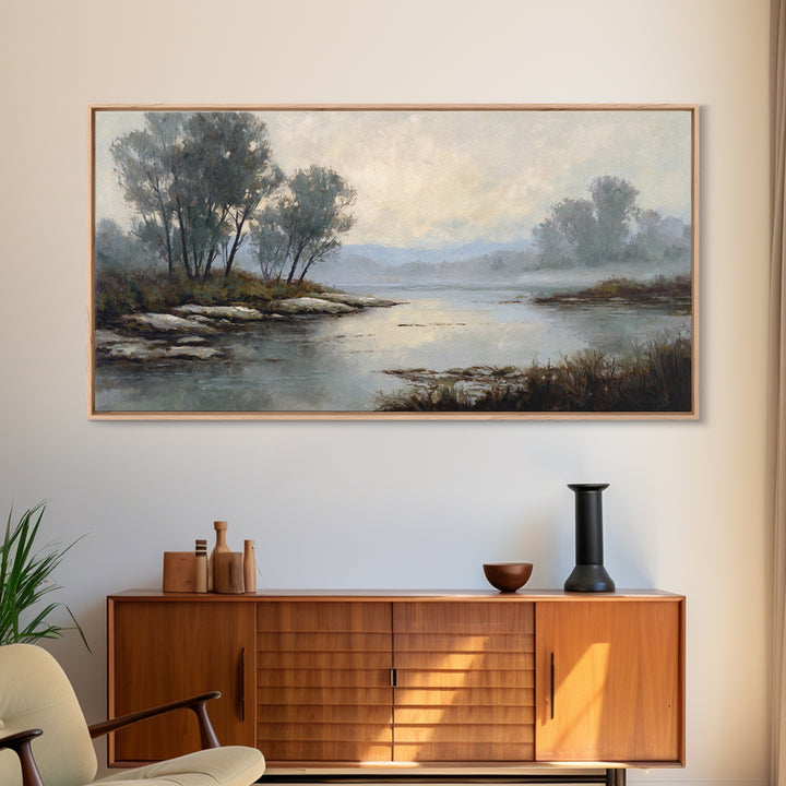 Misty Riverbank with Willow Trees Canvas Print, Impressionist Art, Textured Wall Art, Living Room Decor, Fine Art, Impression, IMP-2x1-31