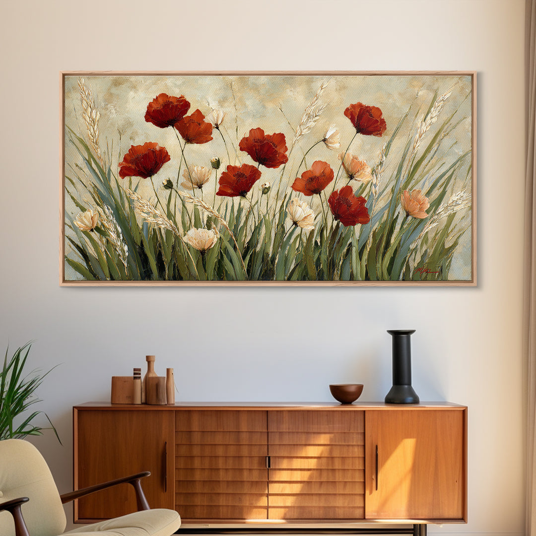Poppies Blowing Through Green Grass Canvas Print, Impressionist Art, Wall Art, Living Room Decor, Oil Painting, Impression, IMP-2x1-32