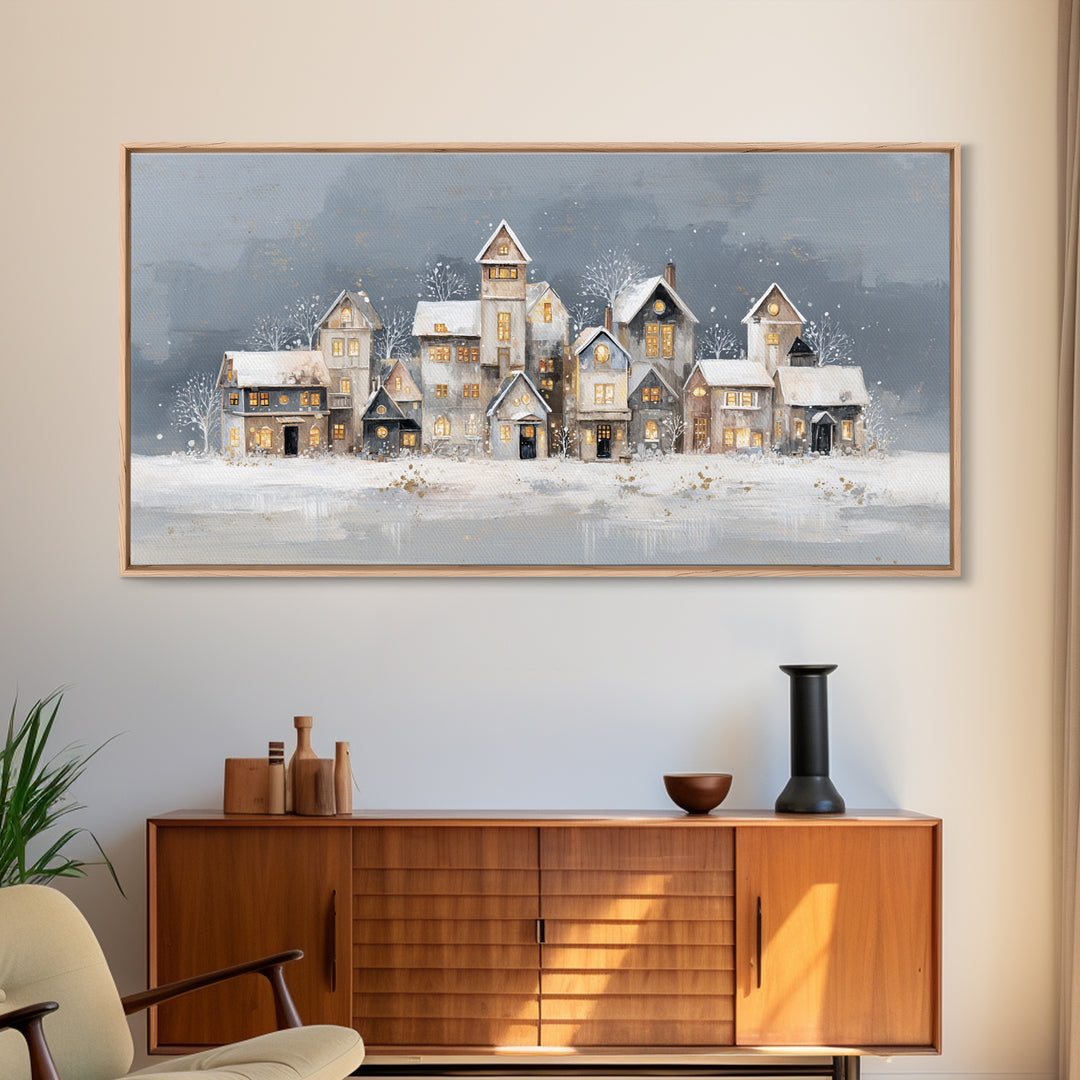 Snowy Village with Warm Glowing Windows Framed Canvas Print, Impressionist Art, Art Print, Living Room Decor, Impression, IMP-2x1-33