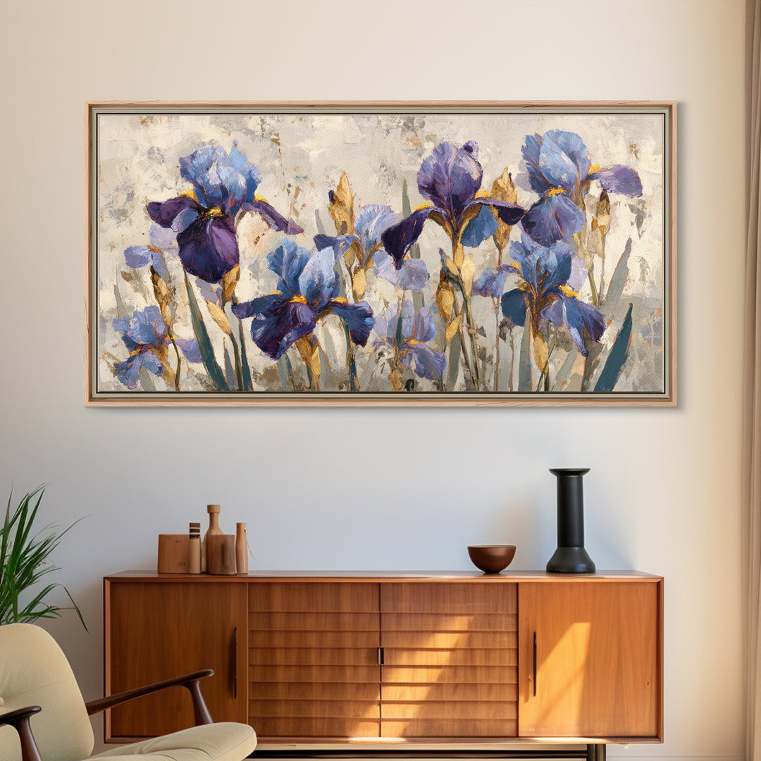 Iris Garden with Blue Violet Strokes Framed Canvas Print, Impressionist Art, Wall Decor, Living Room Decor, Impression, IMP-2x1-40