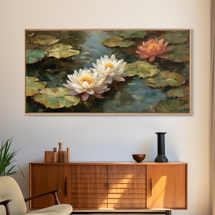 Water Lilies Floating on a Sunlit Pond Framed Canvas Print, Impressionist Art, Farmhouse Decor, Living Room Decor, Impression, IMP-2x1-45