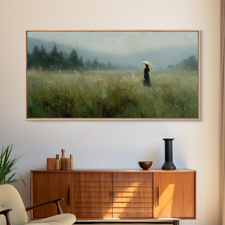 Woman with Parasol in Breezy Meadow Canvas Print, Impressionist Art, Horizontal Wall Art, Living Room Decor, Oil Painting, IMP-2x1-47