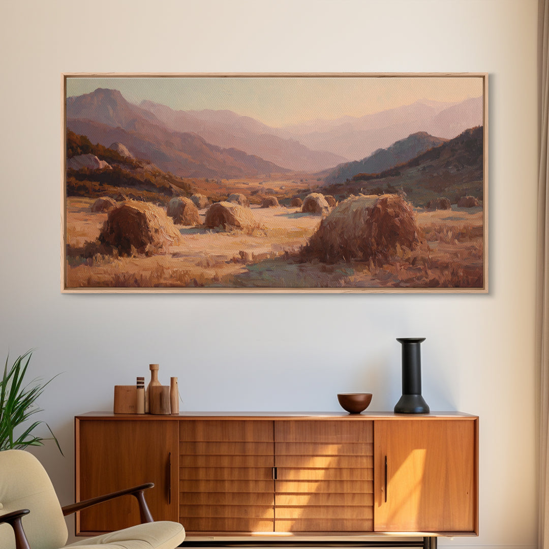 Haystacks Glowing at Golden Hour Canvas Print, Impressionist Art, Art Print, Living Room Decor, Fine Art, Impression, IMP-2x1-48
