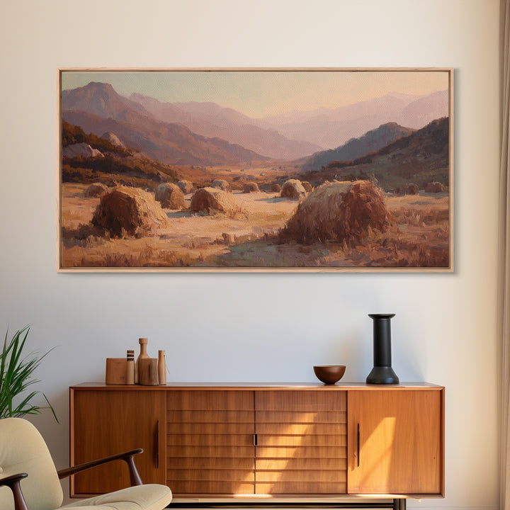 Haystacks Glowing at Golden Hour Canvas Print, Impressionist Art, Art Print, Living Room Decor, Fine Art, Impression, IMP-2x1-48