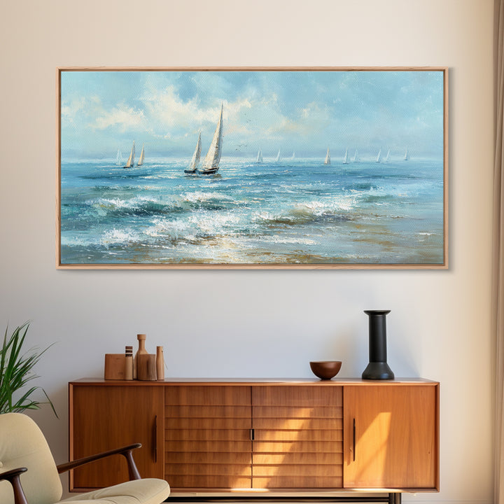 Sailboats on a Bright Sparkling Harbor Canvas Print, Impressionist Art, Horizontal Wall Art, Living Room Decor, Oil Painting, IMP-2x1-53