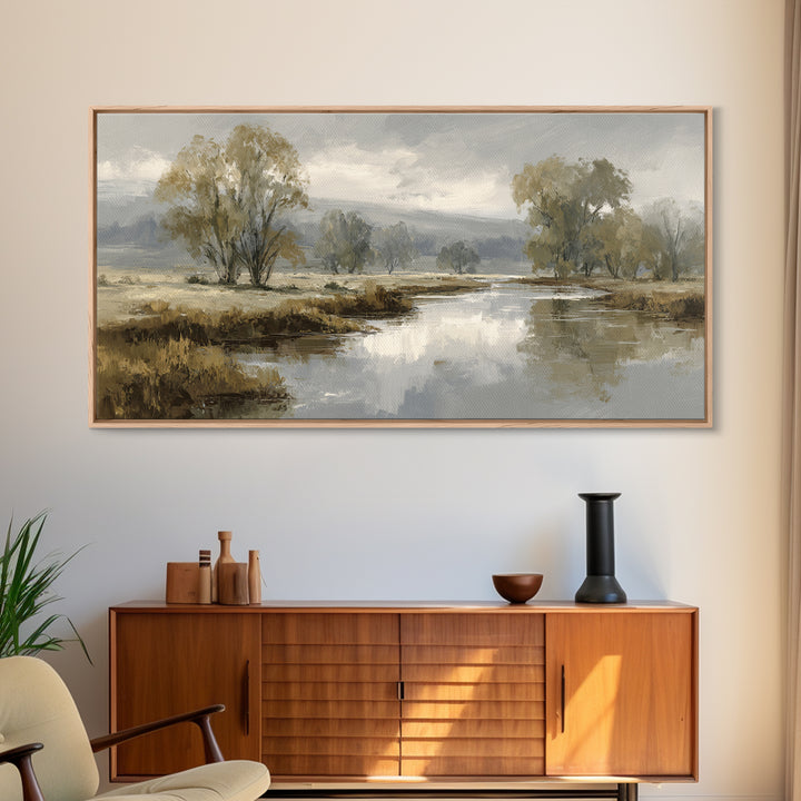 Misty Riverbank with Willow Trees Framed Canvas Print, Impressionist Art, Modern Wall Art, Living Room Decor, Impression, IMP-2x1-55