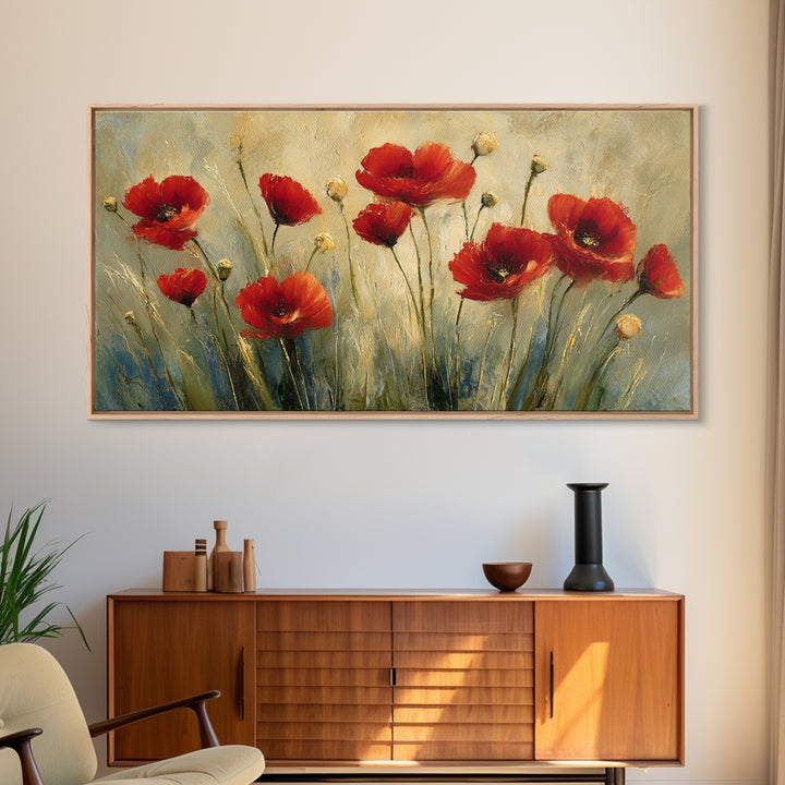 Poppies Blowing Through Green Grass Framed Canvas Print, Impressionist Art, Original Painting, Living Room Decor, Impression, IMP-2x1-56
