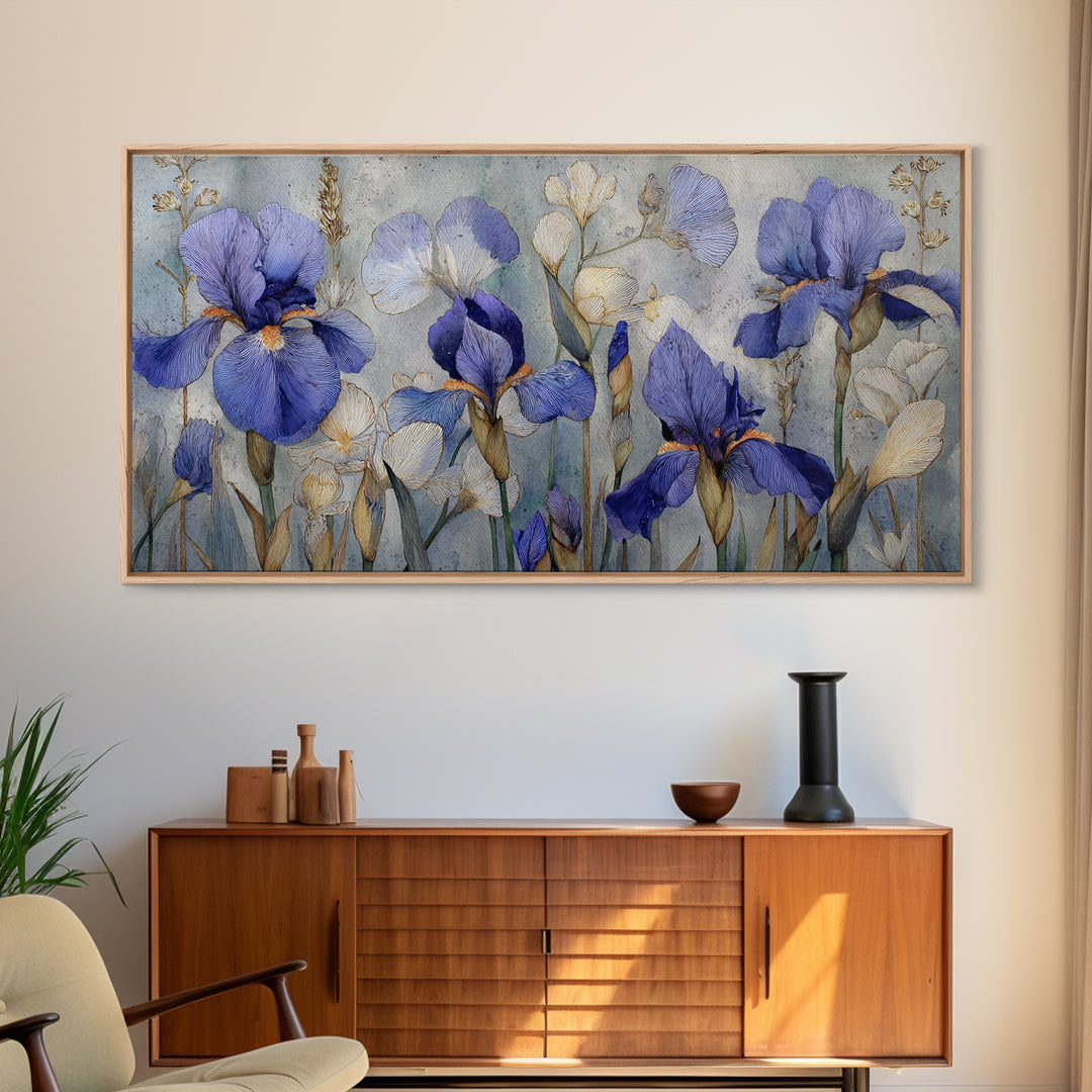 Iris Garden with Blue Violet Strokes Canvas Print, Impressionist Art, Living Room Decor, Oil Painting, Impression, IMP-2x1-64