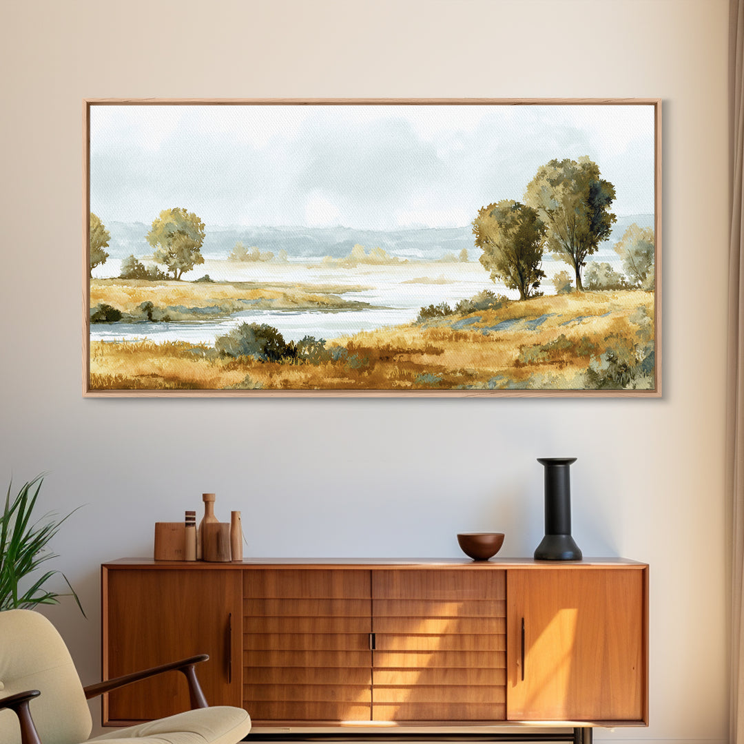 Misty Riverbank with Willow Trees Framed Canvas Print, Impressionist Art, Printable Wall Art, Living Room Decor, Impression, IMP-2x1-7