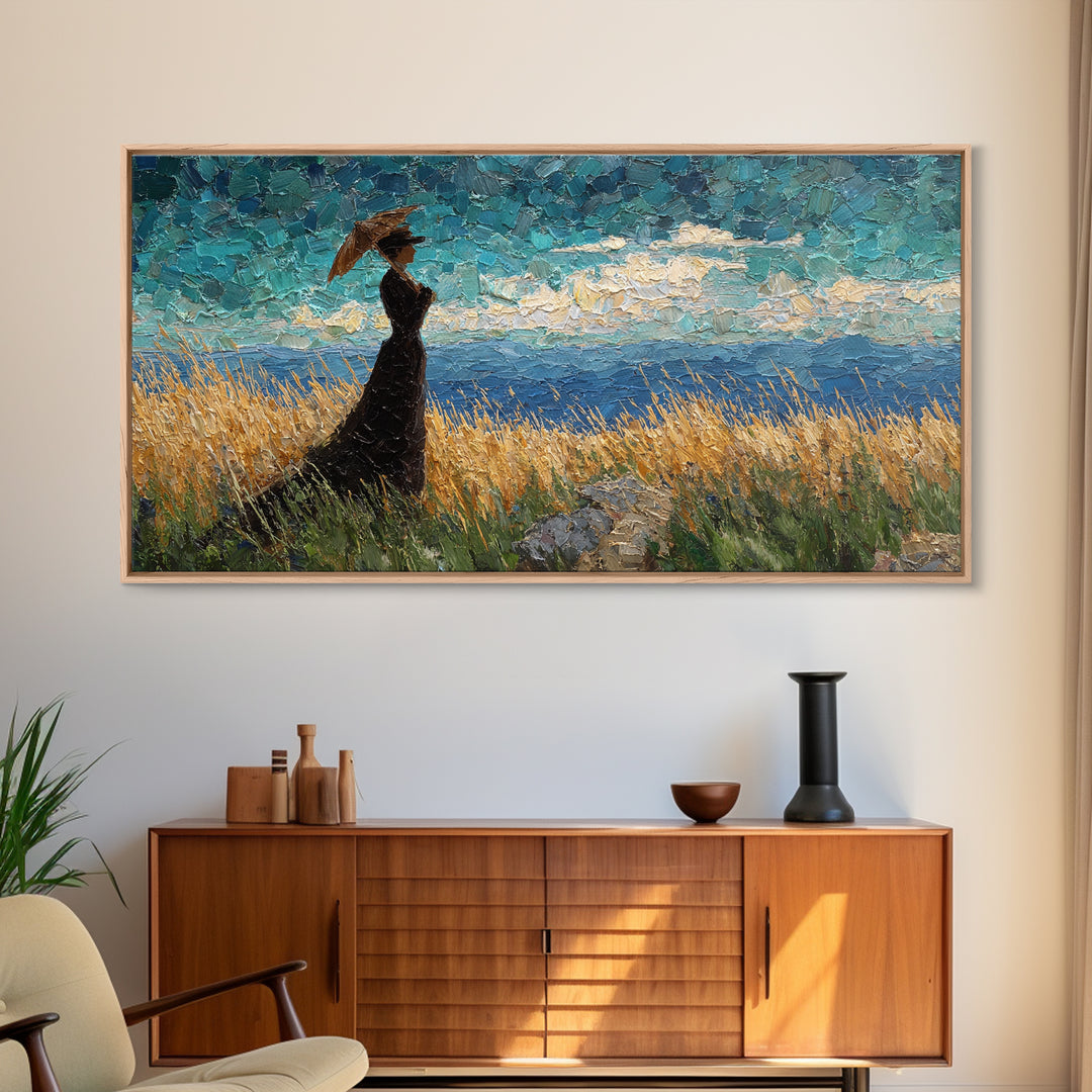 Woman with Parasol in Breezy Meadow Canvas Print, Impressionist Art, Landscape Art, Living Room Decor, Fine Art, Impression, IMP-2x1-71