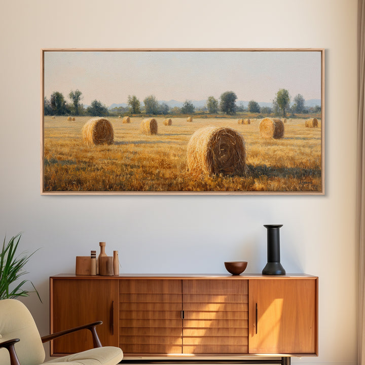 Haystacks Glowing at Golden Hour Framed Canvas Print, Impressionist Art, Bedroom Decor, Living Room Decor, Fine Art, Impression, IMP-2x1-72