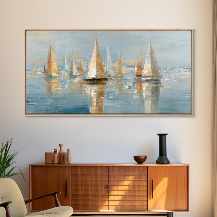 Sailboats on a Bright Sparkling Harbor Canvas Print, Impressionist Art, Horizontal Wall Art, Living Room Decor, Oil Painting, IMP-2x1-77