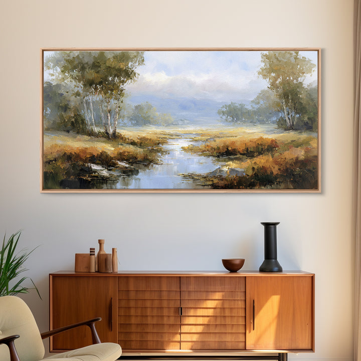 Misty Riverbank with Willow Trees Framed Canvas Print, Impressionist Art, Flower Print, Living Room Decor, Fine Art, Impression, IMP-2x1-79
