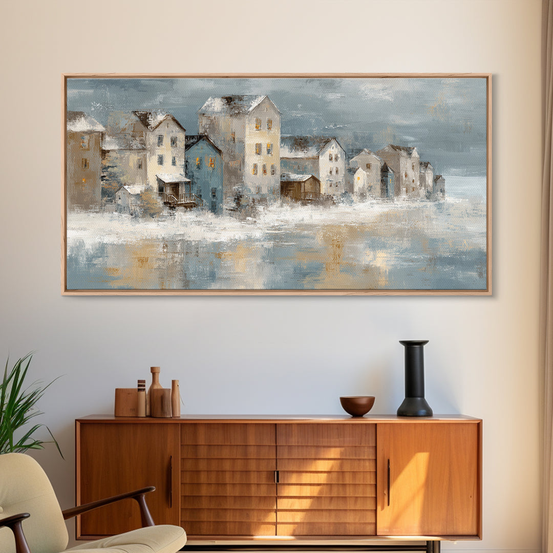 Snowy Village with Warm Glowing Windows Canvas Print, Impressionist Art, Wall Art Framed, Living Room Decor, Impression, IMP-2x1-81