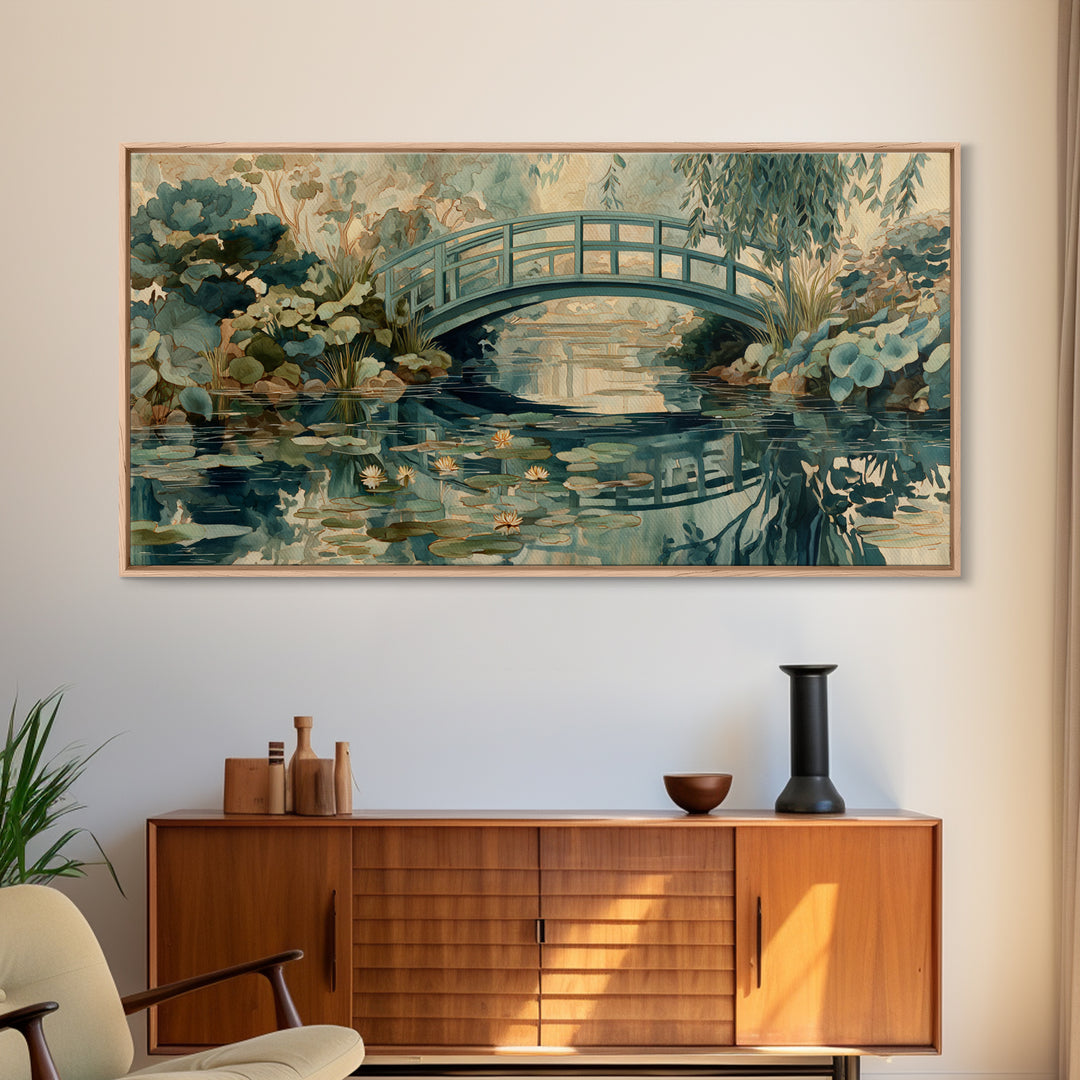 Water Garden Bridge Framed Canvas Print, Impressionist Art, Original Painting, Living Room Decor, Fine Art, Impression, IMP-2x1-86