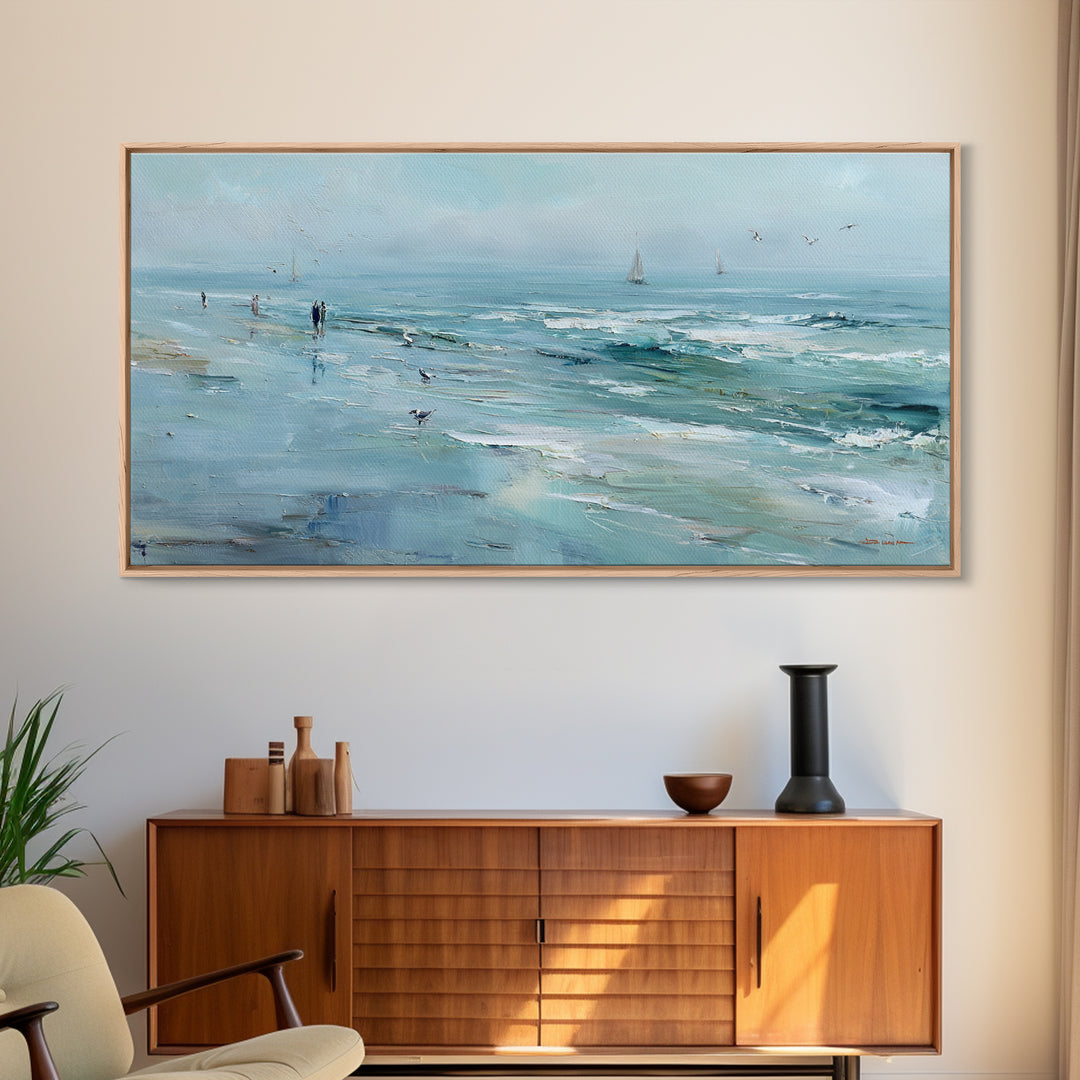 Coastal Beach Figures Framed Canvas Print, Impressionist Art, Gallery Wall Art, Living Room Decor, Oil Painting, Impression, IMP-2x1-87