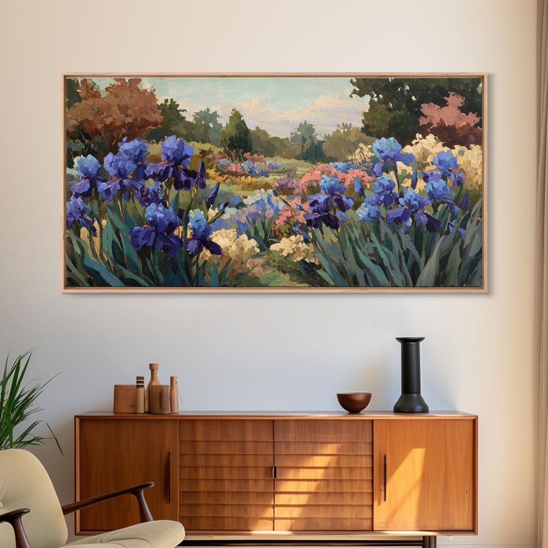 Iris Garden with Blue Violet Strokes Framed Canvas Print, Impressionist Art, Living Room Decor, Watercolor Art, Impression, IMP-2x1-88