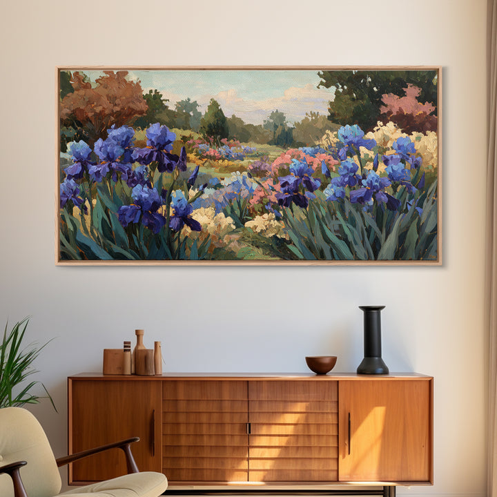 Iris Garden with Blue Violet Strokes Framed Canvas Print, Impressionist Art, Living Room Decor, Watercolor Art, Impression, IMP-2x1-88