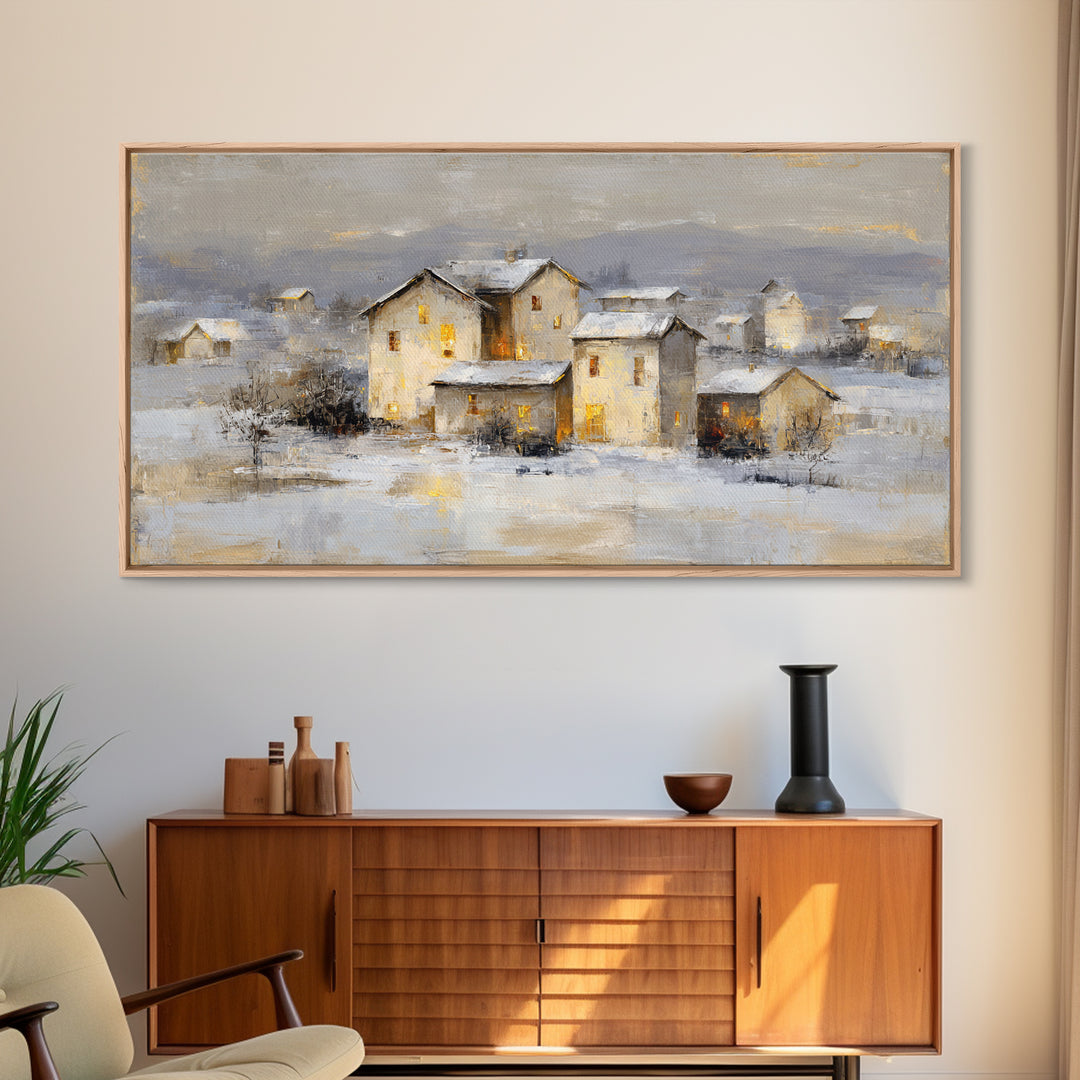Snowy Village with Warm Glowing Windows Framed Canvas Print, Impressionist Art, Art Print, Living Room Decor, Impression, IMP-2x1-9