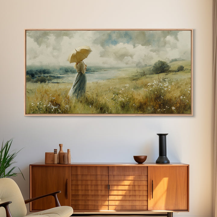 Woman with Parasol in Breezy Meadow Framed Canvas Print, Impressionist Art, Neutral Decor, Living Room Decor, Impression, IMP-2x1-95