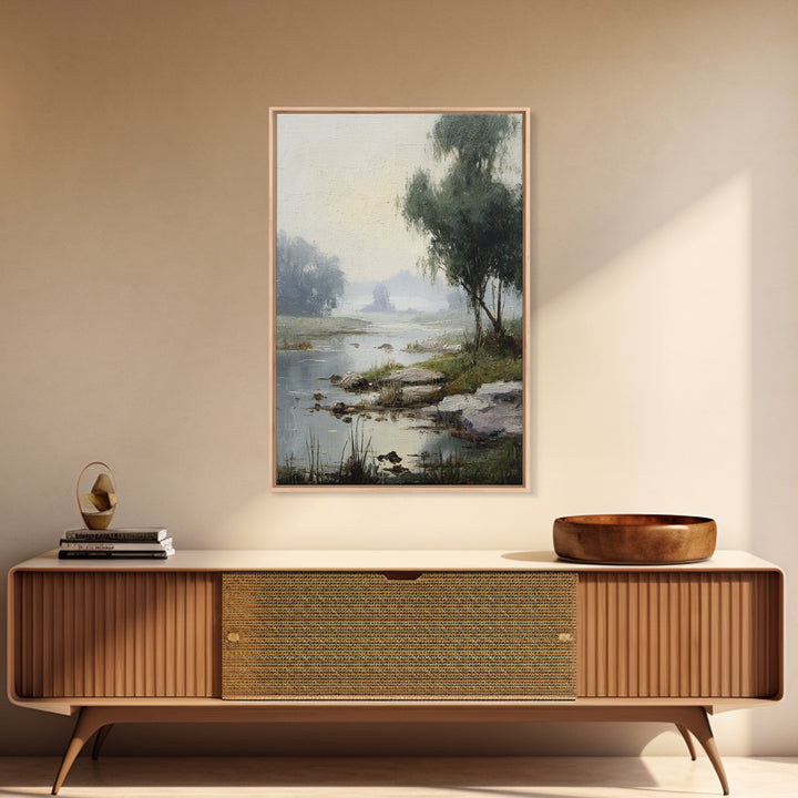 Misty Riverbank with Willow Trees Framed Canvas Print, Impressionist Art, Contemporary Art, Living Room Decor, Impression, IMP-2x3-19