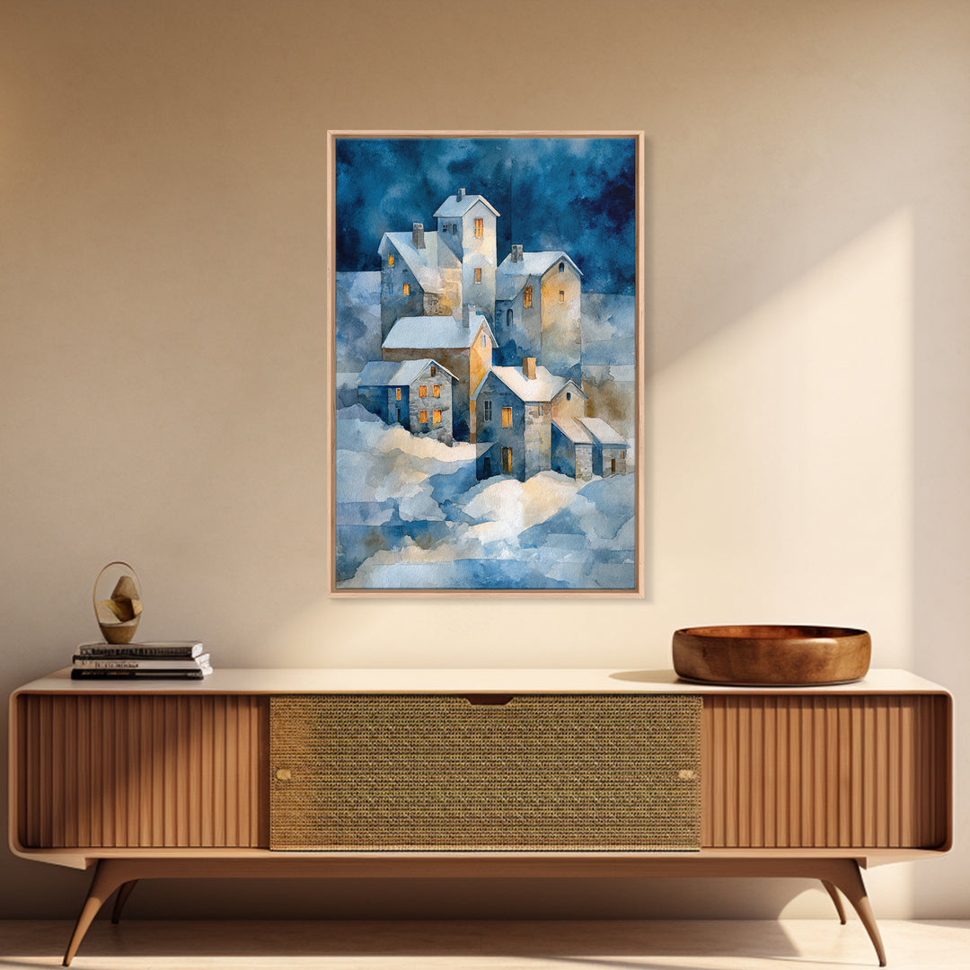 Snowy Village with Warm Glowing Windows Framed Canvas Print, Impressionist Art, Oil Painting, Living Room Decor, Impression, IMP-2x3-21