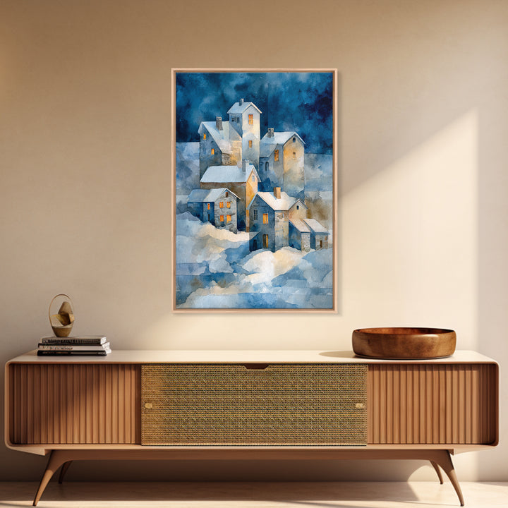 Snowy Village with Warm Glowing Windows Framed Canvas Print, Impressionist Art, Oil Painting, Living Room Decor, Impression, IMP-2x3-21