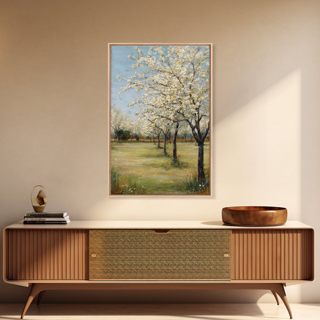 Spring Orchard with Blossoming Trees Framed Canvas Print, Impressionist Art, Original Painting, Living Room Decor, Impression, IMP-2x3-38