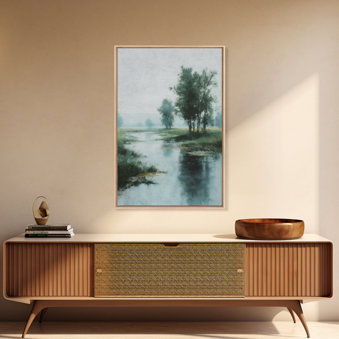 Misty Riverbank with Willow Trees Framed Canvas Print, Impressionist Art, Textured Wall Art, Living Room Decor, Impression, IMP-2x3-43