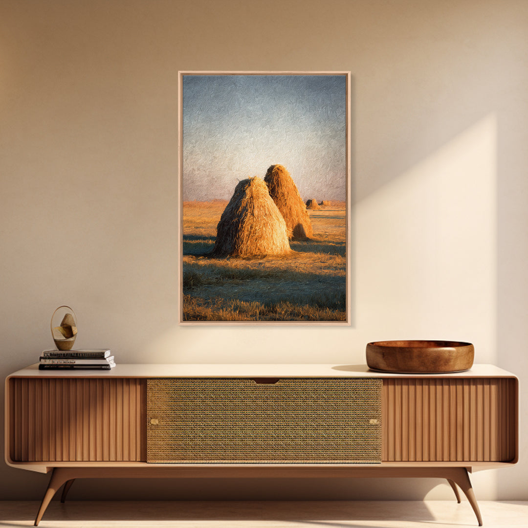 Haystacks Glowing at Golden Hour Framed Canvas Print, Impressionist Art, Bedroom Decor, Living Room Decor, Fine Art, Impression, IMP-2x3-60