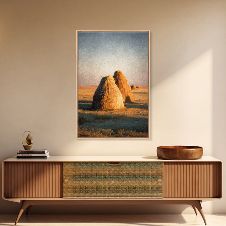 Haystacks Glowing at Golden Hour Framed Canvas Print, Impressionist Art, Bedroom Decor, Living Room Decor, Fine Art, Impression, IMP-2x3-60
