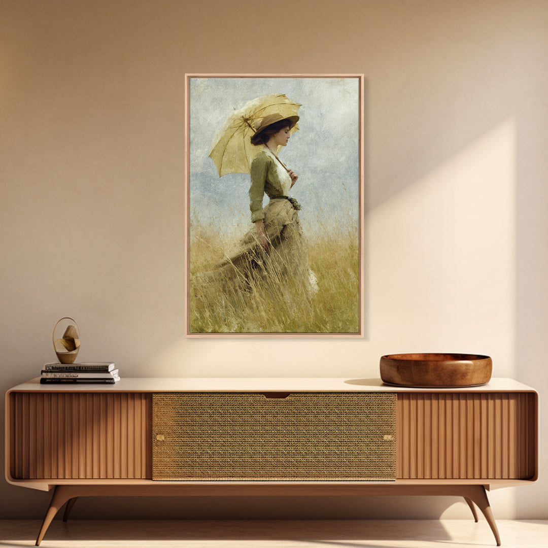 Woman with Parasol in Breezy Meadow Framed Canvas Print, Impressionist Art, Landscape Art, Living Room Decor, Impression, IMP-2x3-83