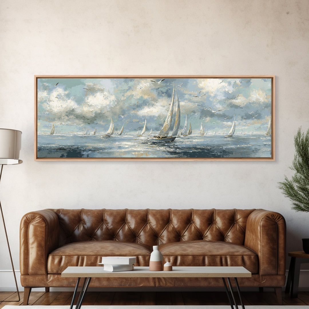 Sailboats on a Bright Sparkling Harbor Canvas Print, Impressionist Art, Abstract Painting, Living Room Decor, Impression, IMP-3x1-1