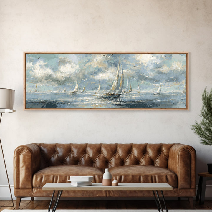 Sailboats on a Bright Sparkling Harbor Canvas Print, Impressionist Art, Abstract Painting, Living Room Decor, Impression, IMP-3x1-1