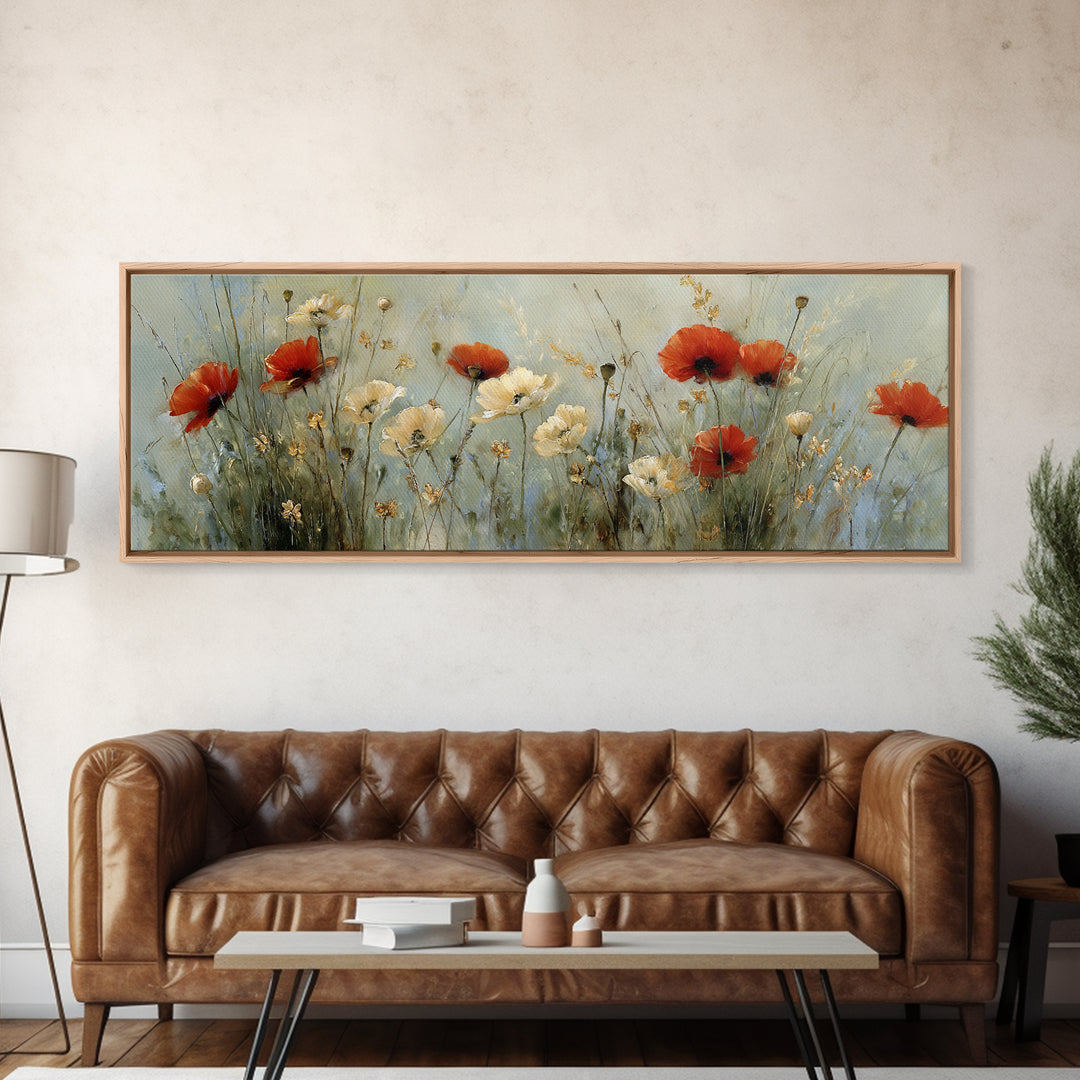 Poppies Blowing Through Green Grass Canvas Print, Impressionist Art, Living Room Decor, Abstract Art, Impression, IMP-3x1-100
