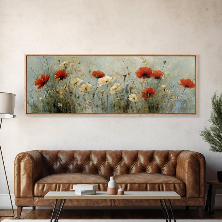 Poppies Blowing Through Green Grass Canvas Print, Impressionist Art, Living Room Decor, Abstract Art, Impression, IMP-3x1-100