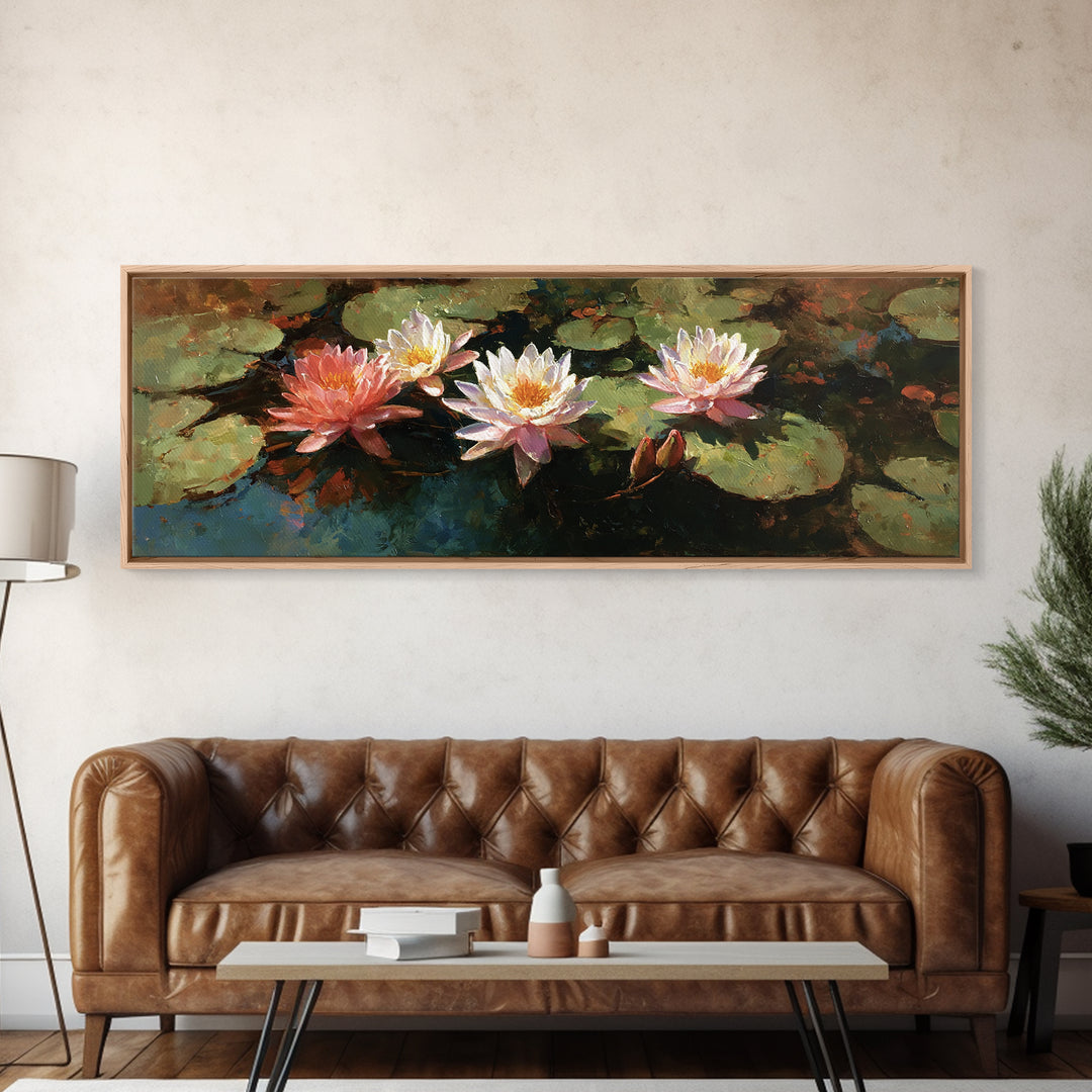 Water Lilies Floating on a Sunlit Pond Framed Canvas Print, Impressionist Art, Gallery Wall Art, Living Room Decor, Impression, IMP-3x1-17