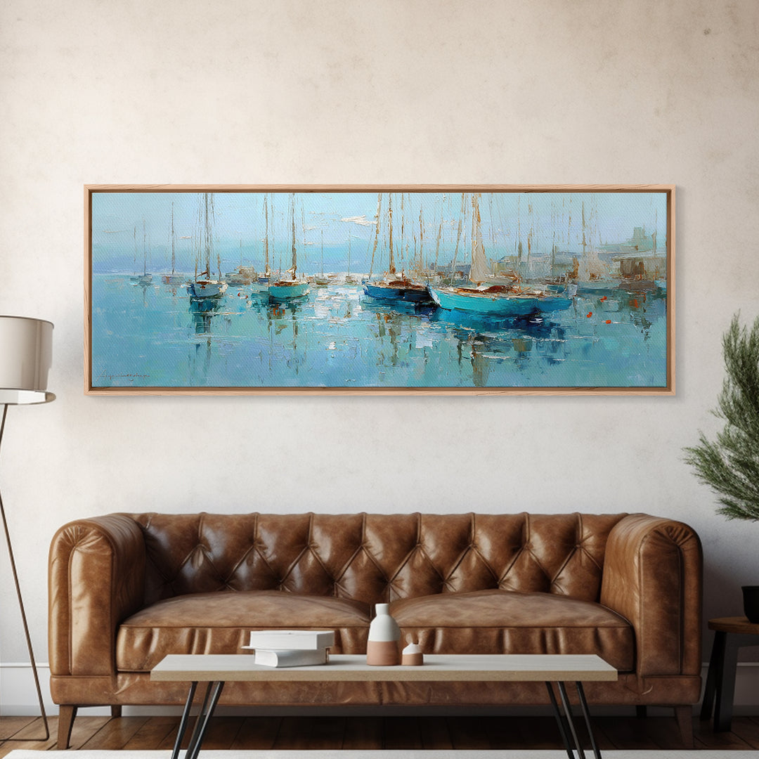 Sailboats on a Bright Sparkling Harbor Canvas Print, Impressionist Art, Landscape Art, Living Room Decor, Abstract Art, IMP-3x1-25