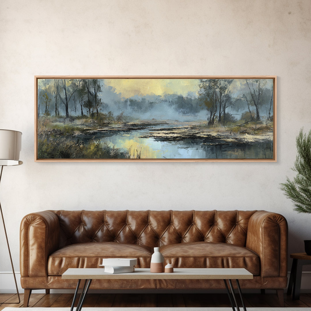 Misty Riverbank with Willow Trees Framed Canvas Print, Impressionist Art, Textured Painting, Living Room Decor, Impression, IMP-3x1-27