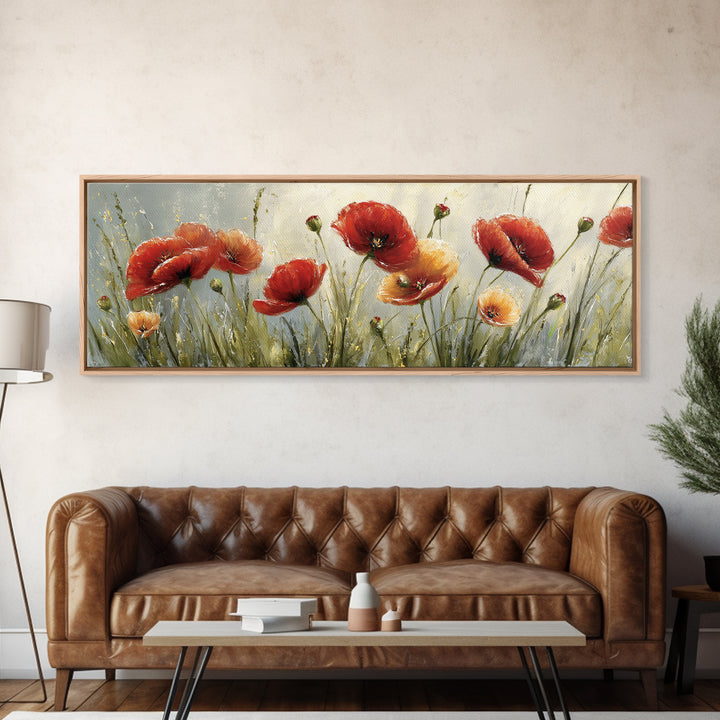 Poppies Blowing Through Green Grass Framed Canvas Print, Impressionist Art, Living Room Art, Living Room Decor, Oil Painting, IMP-3x1-28