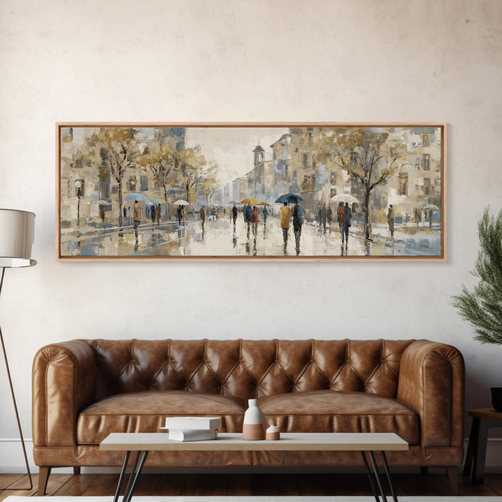 Rainy Boulevard with Umbrella Shapes Canvas Print, Impressionist Art, Landscape Painting, Living Room Decor, Impression, IMP-3x1-37