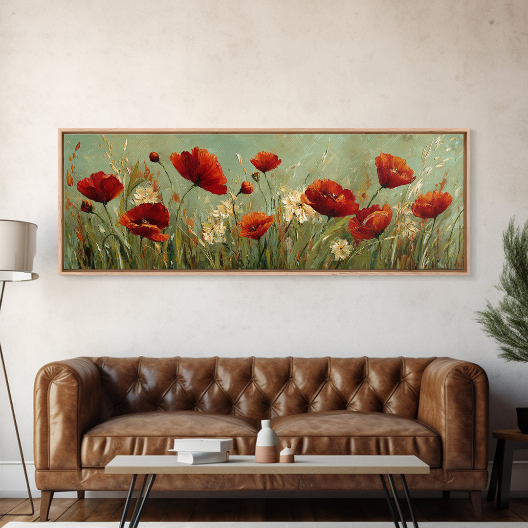 Poppies Blowing Through Green Grass Canvas Print, Impressionist Art, Landscape Painting, Living Room Decor, Watercolor Art, IMP-3x1-4