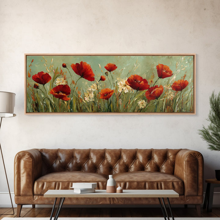 Poppies Blowing Through Green Grass Canvas Print, Impressionist Art, Landscape Painting, Living Room Decor, Watercolor Art, IMP-3x1-4